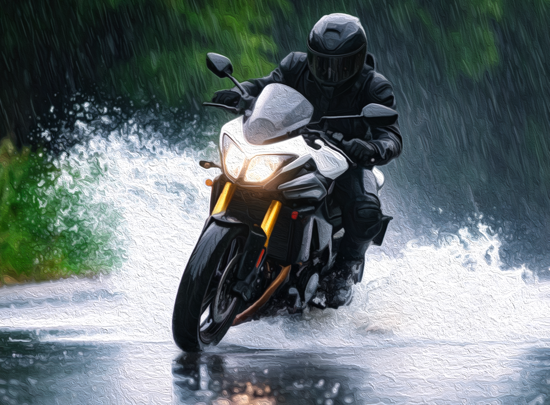 荒れた水面を切り裂くように水しぶきを上げて疾走するバイクを油絵タッチで描いた一枚──重厚な筆致と躍動感がライダーのスピードと解放感を際立たせる